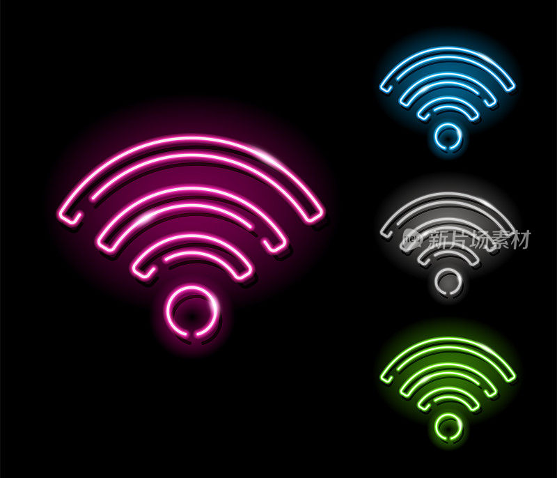 一套霓虹灯wi-fi符号图标在四种不同的颜色孤立的黑色背景。无线，互联网，网络，wifi的概念。晚上招牌风格。矢量10 EPS插图。